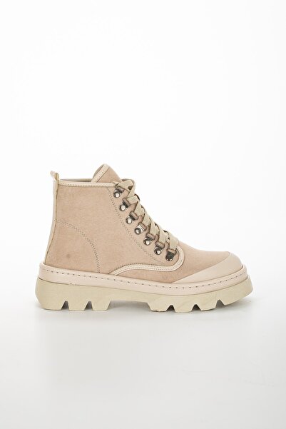 Dilimler Ayakkabı Δερμάτινες και σουέντ λεπτομερείς μπεζ γυναικείες μπότες με κορδόνια