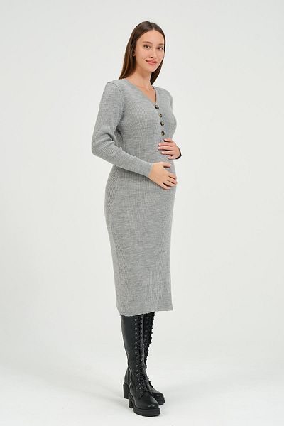 BUSA Maternity Midi Length V-Neck Buttoned Knitwear Dress Gray