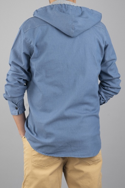bombe Kapüşonlu Slim Fit Erkek Kot Gömlek Buz Mavisi