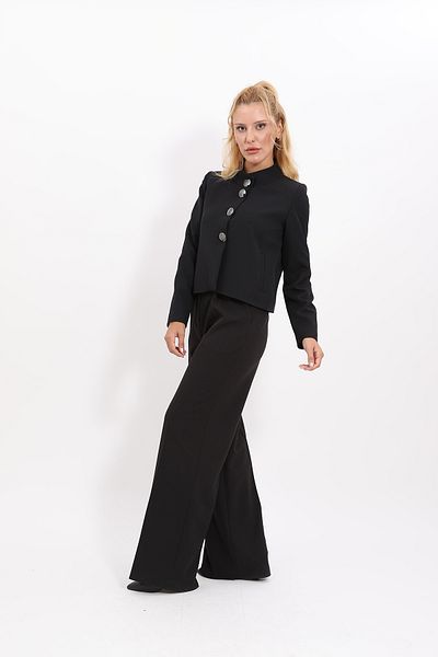 ÖNDER ÖZSOY Neck Buttoned Mini Jacket & High Waist Pleated Wide Leg Trousers Set-black