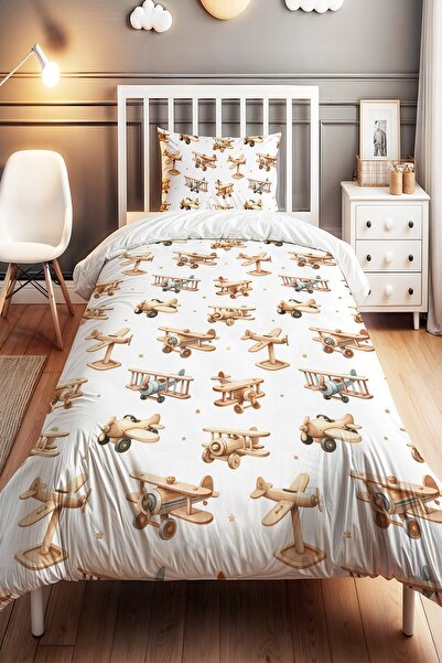 EVPANYA Ahşap Uçaklar Desenli Tek Kişilik Bebek Çocuk Nevresim Seti