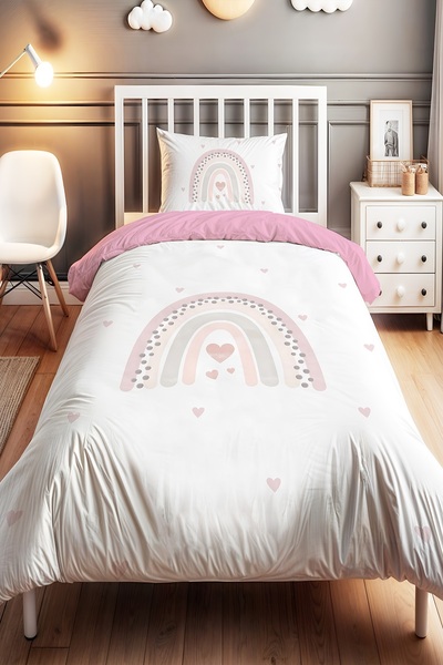 EVPANYA Minik Kalpler Gökkuşağı Desenli Tek Kişilik Bebek Çocuk Nevresim Seti