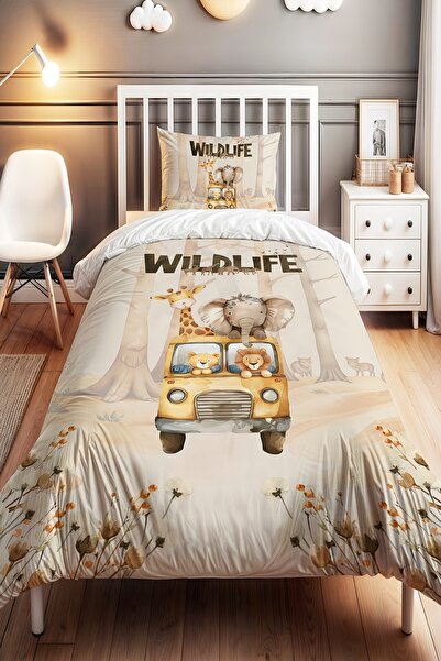 EVPANYA Botanik Safari Kamyonu  Desenli Tek Kişilik Bebek Çocuk Nevresim Seti