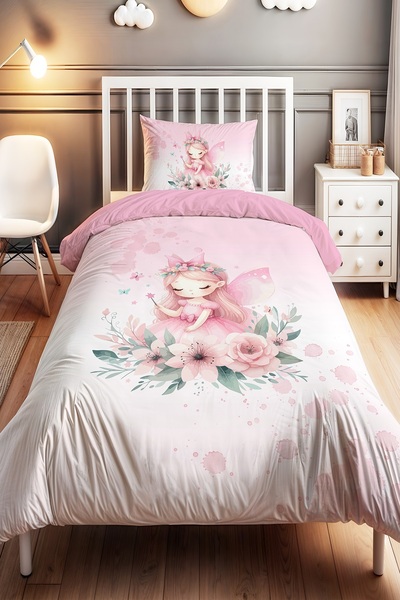 EVPANYA Pembe Fiyonklu Peri Kızı Desenli Tek Kişilik Bebek Çocuk Nevresim Seti