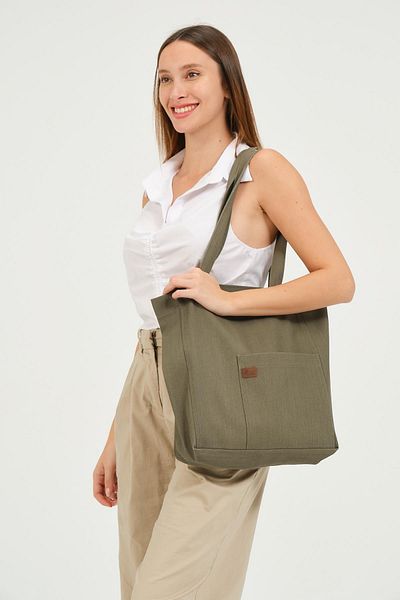 BUSA Raw Fabric Front Pocket Tote Shoulder Bag Khaki
