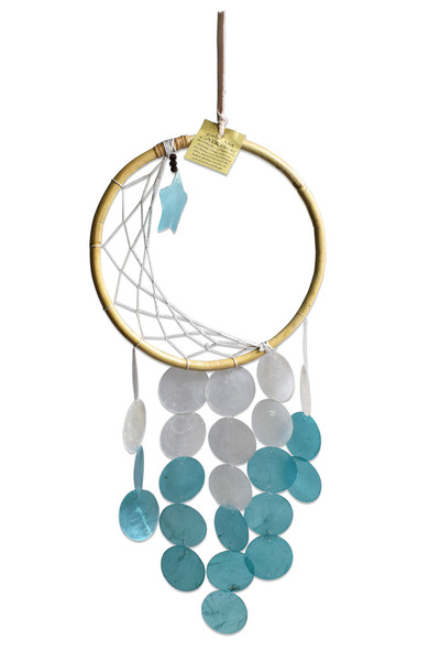 Bamboo Framed Wind Bell with Pearl Blue White Stone