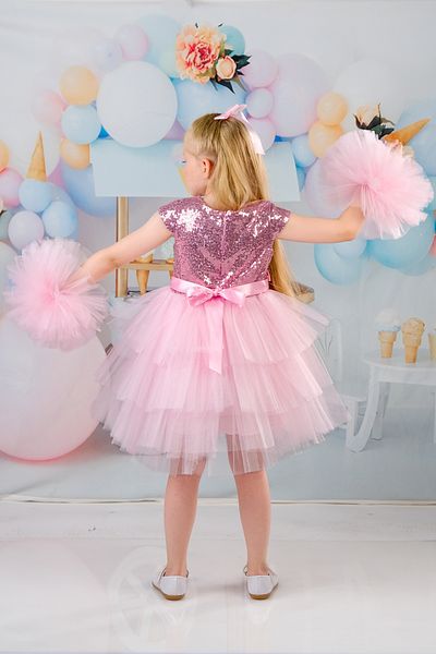 Delfini kids Buckle and Sequin Tulle Pompom Sleeve Party and Birthday Dress