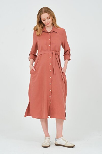 BUSA Hamile Gömlek Yaka Önden Cepli Midi Boy Elbise Gül Kurusu