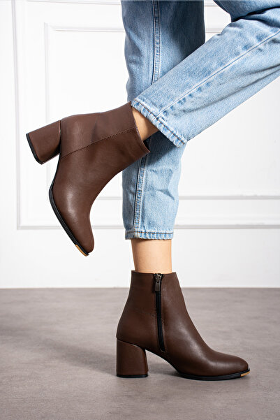 KOTAN Kahve Mat Fermuar Detaylı Rahat Kadın Topuklu Bot