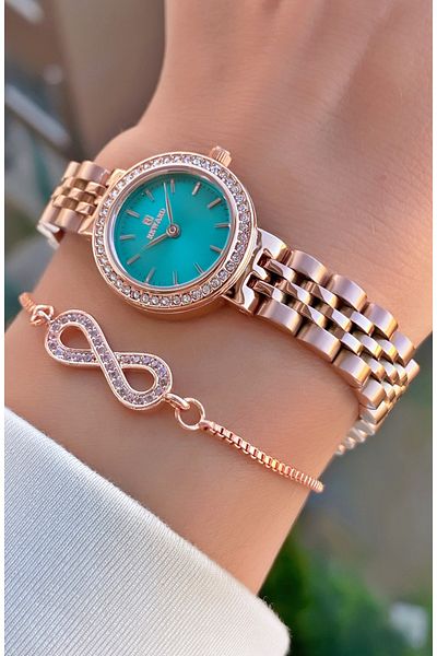 Reward Brand Rose Gold Color Small Case Steel Cord Women's Wristwatch - with Bracelet Gift