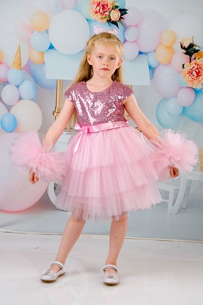 Delfini kids Buckle and Sequin Tulle Pompom Sleeve Party and Birthday Dress