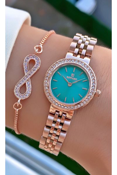 Reward Brand Rose Gold Color Small Case Steel Cord Women's Wristwatch - with Bracelet Gift