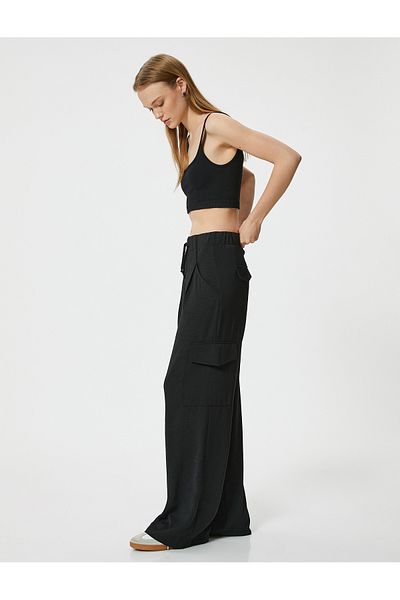 Koton New Season Wide Leg Trousers with Cargo Pockets and Lace-Up Waist