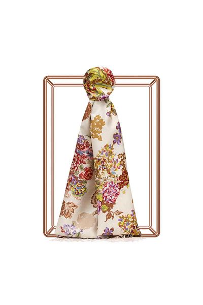 ipekevi Yalı Garden Patterned Silk Shawl 05716-White Gold