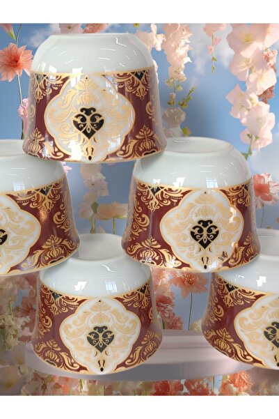 SAMSA Gold Pattern Claret Red Colored Model Handleless Porcelain Mirra Coffee Pot Set for 6 People