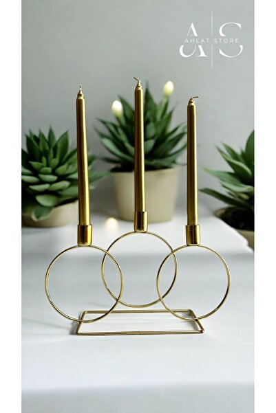 Ahlat Store Gold Şamdan Mumluk Metal 3 Gözlü Yuvarlak Halka Mumluk Ev Dekorasyon, Şamdan Mumluk,