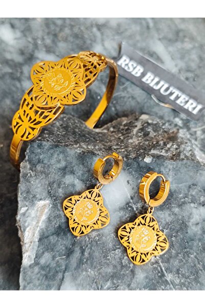 RSB Bijuteri Bileklik kelepçe Gül ve küpe altın kaplama 316 L çelik 2'li set + hediye paketi