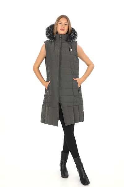 Dabenti women style Women's Gray Sleeveless Hooded Zippered Quilted Long Nova Vest