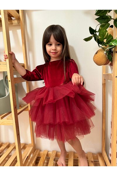 penu baby kids Rochie pentru fetiță din catifea cu mânecă lungă și fustă stratificată - Gloria
