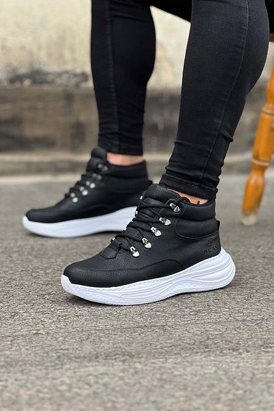 Afrodit Black Leather High Sole Half Ankle Boots