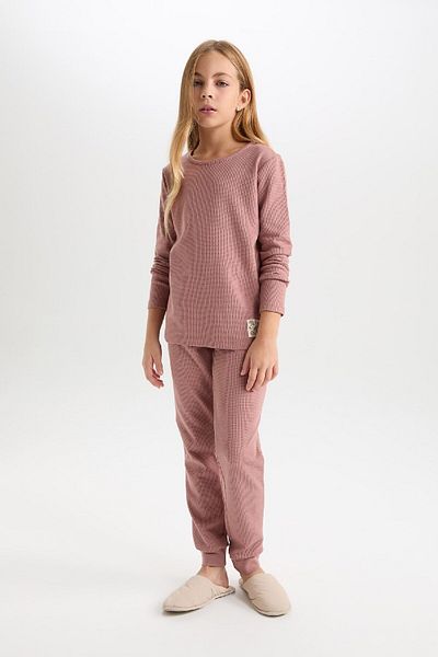 DeFacto Set de pijamale cu vafe pentru fete - mânecă lungă, etichetă, talie superioară elastică D6054a824au