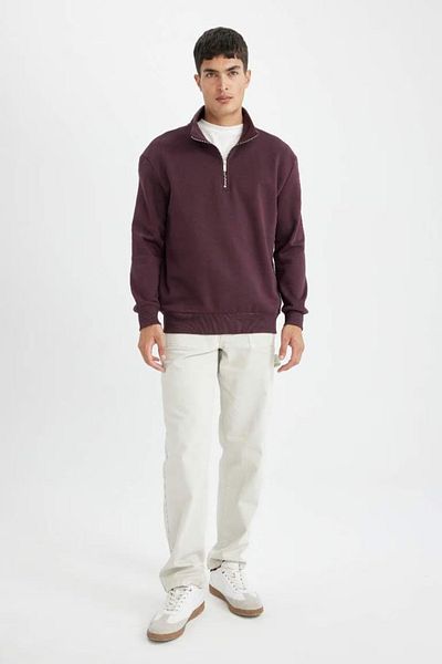DeFacto Dunkles Burgunderrotes, bequemes, dickes Sweatshirt mit Stehkragen und Reißverschluss X7405az24au
