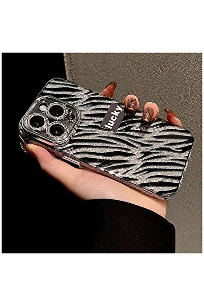 Pro Aksesuar Apple iPhone 12 Pro Uyumlu Kılıf Simli Zebra Silikon Kılıf Siyah