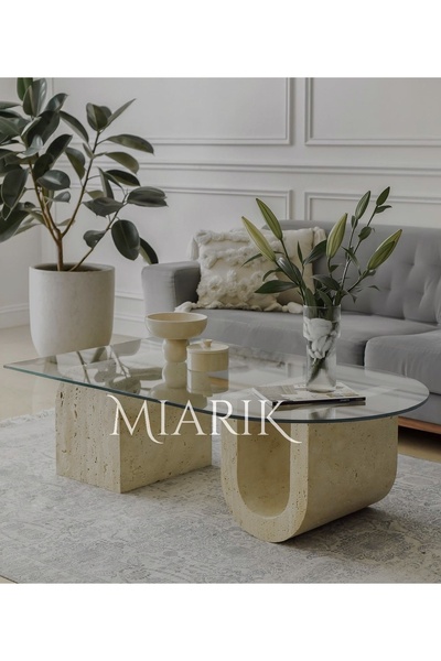 MIARIK DESIGN & DEKORASYON Traverten Geometrik Camli Orta Sehpa