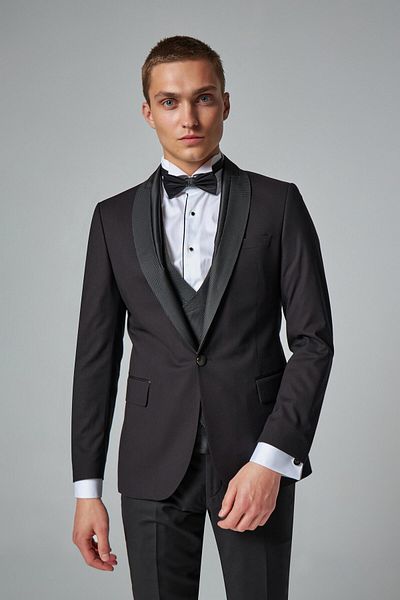 D'S Damat Slim Fit Black Plain Groom Suit & Tuxedo Suit with Vest