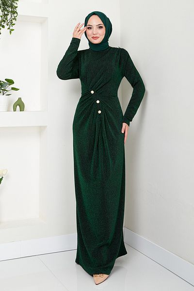 ModaMerve Βραδινό φόρεμα Emerald Glitter με κουμπιά - 3010BSS1025-M