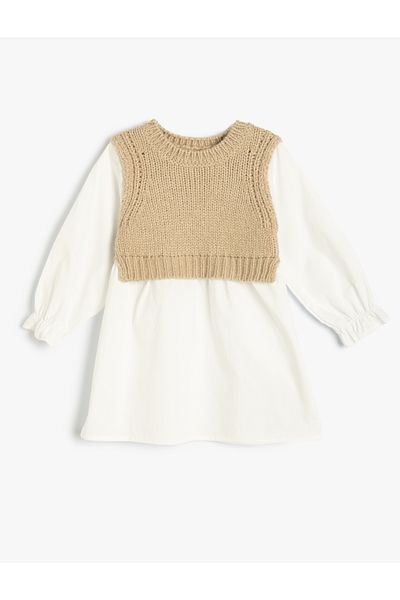 Koton Long Sleeve Bike Sweater Detailed Round Neck Dress