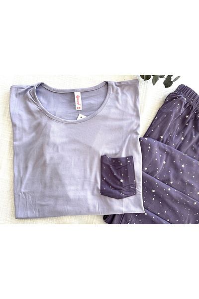 Pijamoni Lilac Crew Neck Lycra Long Sleeve Pajama Set - Pijamoni