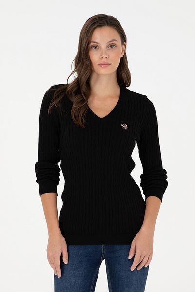 U.S. Polo Assn. Pulover de bază negru cu decolteu în V pentru femei 50288992-VR046