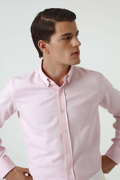 D'S Damat Ροζ Slim Fit βαμβακερό πουκάμισο - Dobby γιακάς και λεπτομέρεια με κουμπί