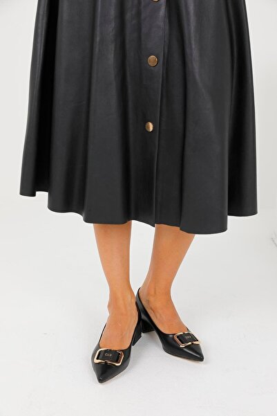 Beyond Women's Black Double Buckle Leather Classic Heeled Shoes 4cm Byndkp704