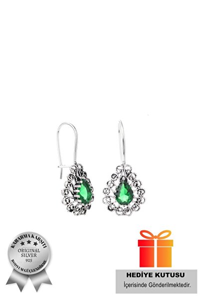 ADA LİFE GÜMÜŞ 925 Ayar Gümüş Zümrüt Taşlı Damla Model Oksitli Telkari Kadın ...