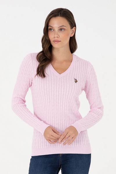 U.S. Polo Assn. Pulover de bază roz cu decolteu în V de damă 50288992 -vr041