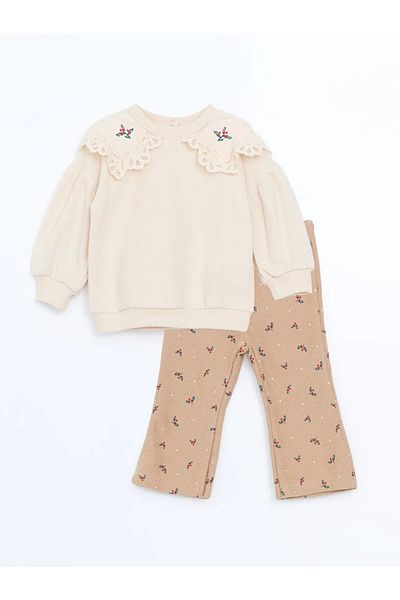 LC Waikiki Lcw Baby Light Beige Baby Collar Long Sleeve Embroidered Baby Girl Sweatshirt and Leggings 2-Piece Set