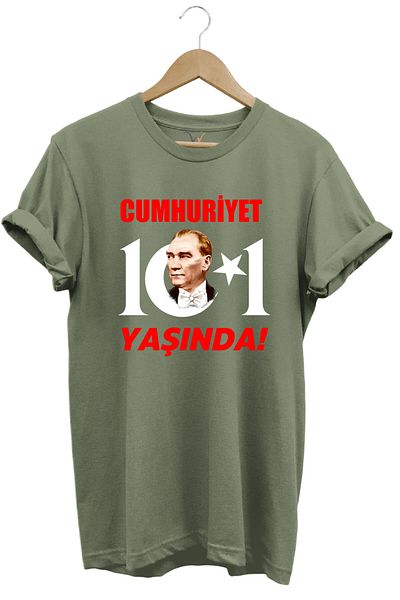 WİDİ 29 Οκτωβρίου Ημέρα της Δημοκρατίας Atatürk Moon Star Printed Republic 101 Years Old Türkiye Khaki T-shirt