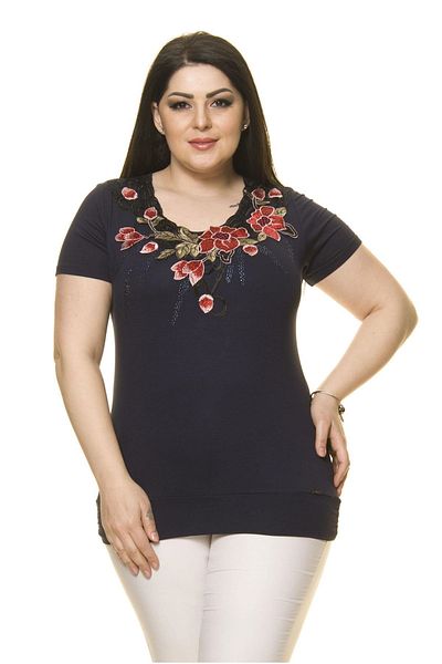 Moday Women's Plus Size Navy Blue Embroidered Jewelled Blouse A5-3012-1