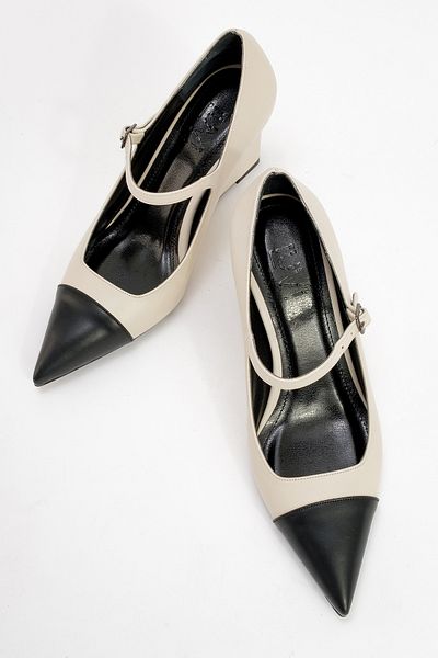 LuviShoes OHIO Ecru Skin Black Skin Damen-Schuhe mit Keilabsatz