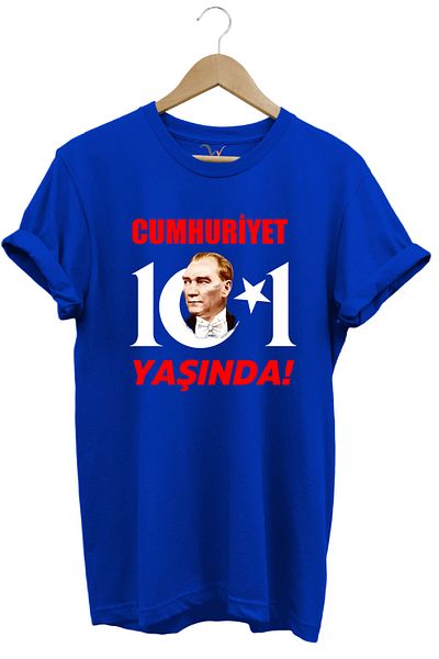 WİDİ 29 Οκτωβρίου Ημέρα της Δημοκρατίας Atatürk Moon Star Printed Republic 101 Years Old Turkey Blue T-shirt