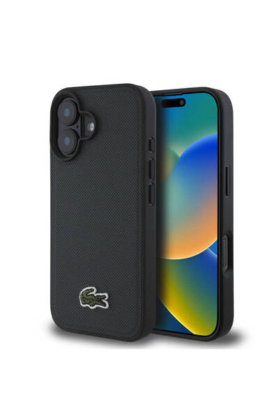 Lacoste iPhone 16 Plus Uyumlu Kılıf Lacoste Lisanslı PU Pike Desenli İkonik Timsah Dokuma Logolu Koyu Yeşil