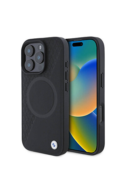 BMW iPhone 16 Pro Uyumlu Kılıf BMW Lisanslı Magsafe Özellikli Metal Logo Yarım Dokulu Circle Deri Siyah