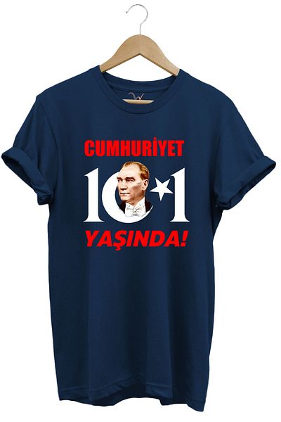 WİDİ 29 Οκτωβρίου Ημέρα της Δημοκρατίας Atatürk Moon Star Printed Republic 101 Years Old Turkey Navy Blue T-shirt