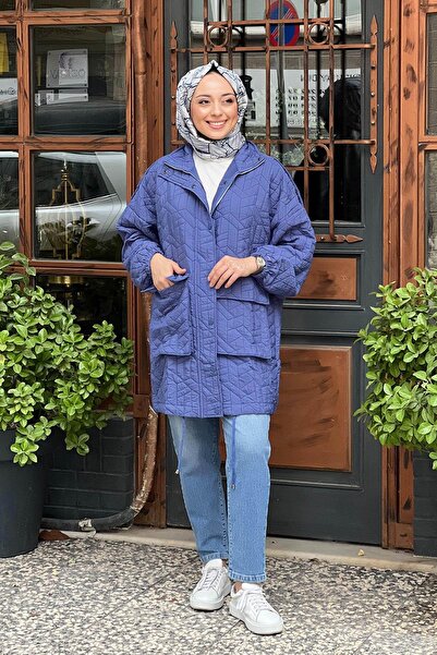 Invee İNVEE  6913S Oversıze Kadın Kapitone Mont Saks Mavi