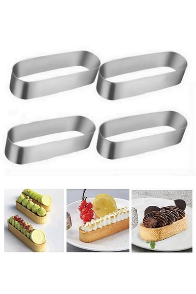 Nar kalıp 4 Pieces Narkalıp Stainless Steel Oval Tart and Cake Set - Diameter 13X4Cm, Depth 3.5cm