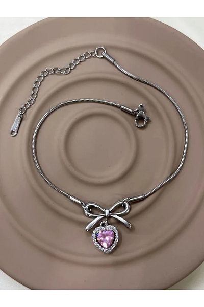 YASİN TOPÇU Steel Silver Heart Detailed Stone Stylish Design Anklet