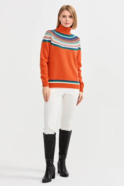 Desen Triko Γυναικείο μάλλινο πουλόβερ με πλήρες ζιβάγκο πορτοκαλί