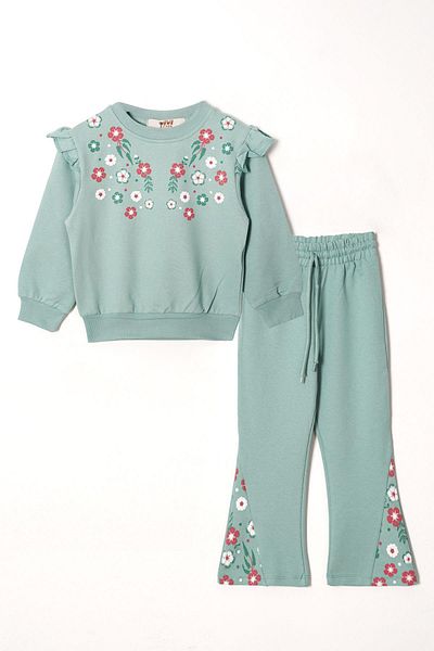 zepkids Crew Neck Long Sleeve Cıcek Embroidery Printed Cagla Green Color Girl's Double Suit